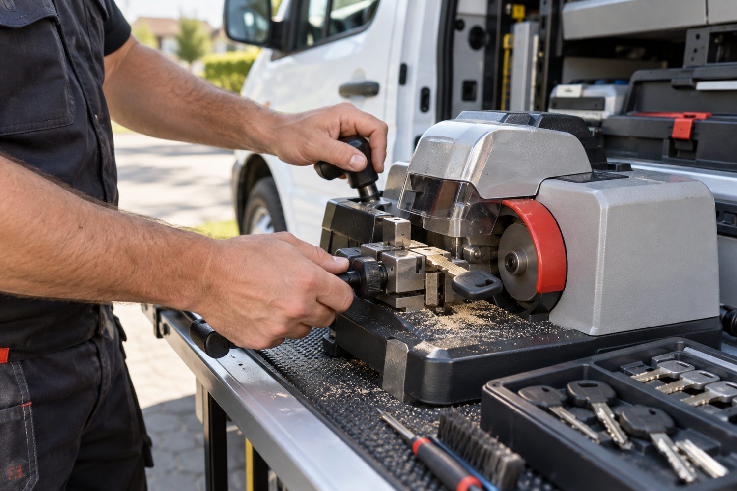 Illustrative photo of a locksmith cutting a key beside a mobile service van